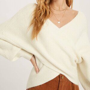 Cream V Neck Knit Sweater Soft Oversized Cozy